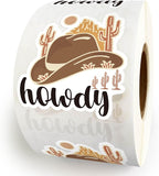Bttwkco 500pcs Howdy Cowboy Hat Sticker Roll, Western Party Stuff, Wild Life Cowgirl, Happy Mail, Thank You - Western Theme
