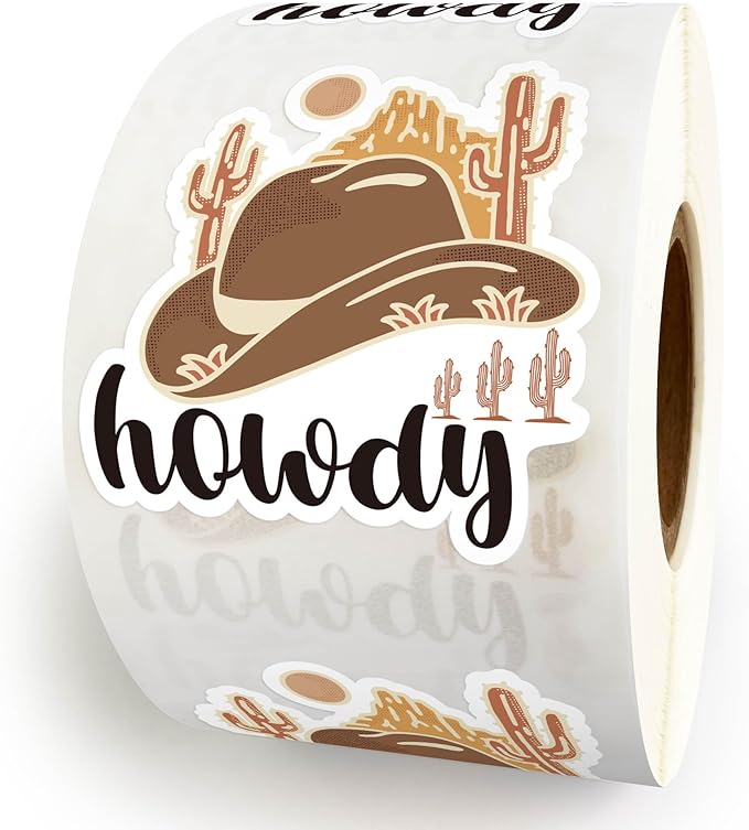 Bttwkco 500pcs Howdy Cowboy Hat Sticker Roll, Western Party Stuff, Wild Life Cowgirl, Happy Mail, Thank You - Western Theme