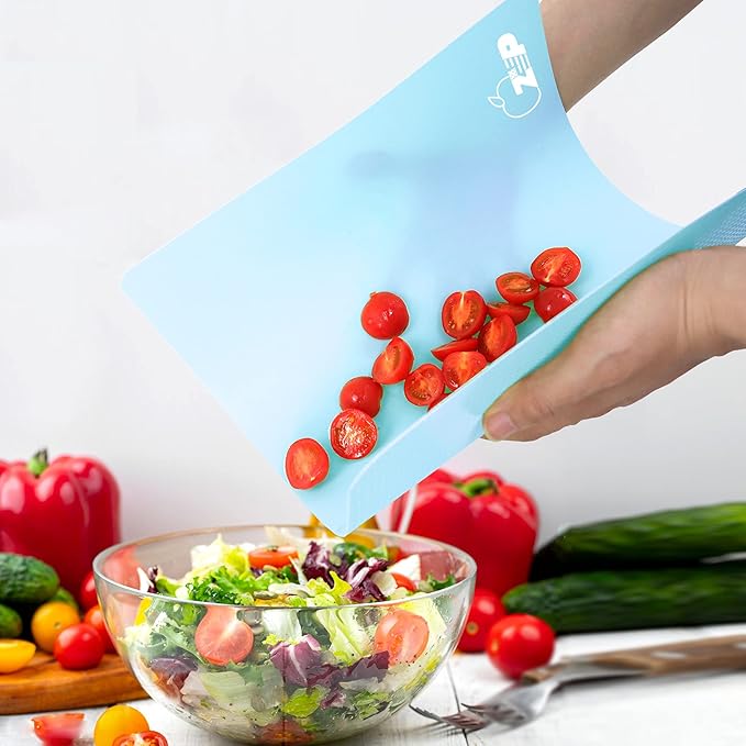 ZVP Plastic Cutting Boards for Kitchen, Flexible Cutting Mats, Gradient Blue Chopping Boards with Food Icon, Non-Slip, Non Porous, BPA Free, Dishwasher Safe
