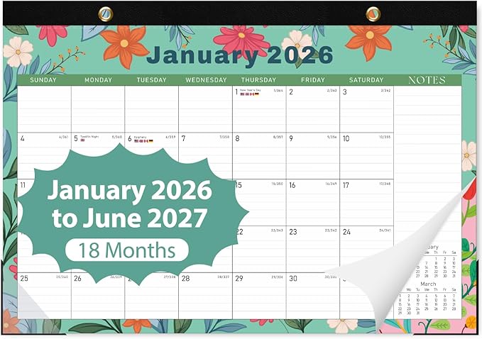 Desk Calendar 2026-2027, Jan 2026 to Jun 2027 - Large 17" x 12" Monthly Calendar with To-Do List and Notes for Home, Office or School, Cartoon Floral