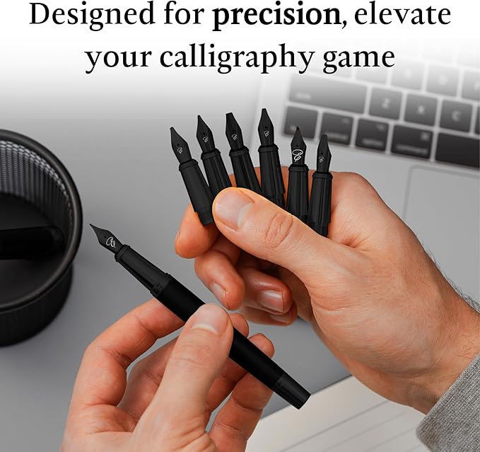 Ellington Pens Luxury Calligraphy Set - Premium Fountain Pen with 6 Nibs, 50 ml Black Ink Bottle, 6 Cartridges, Converter, Elegant Gift Box – Perfect for Drawing, Writing, Gifting (The Stealth)