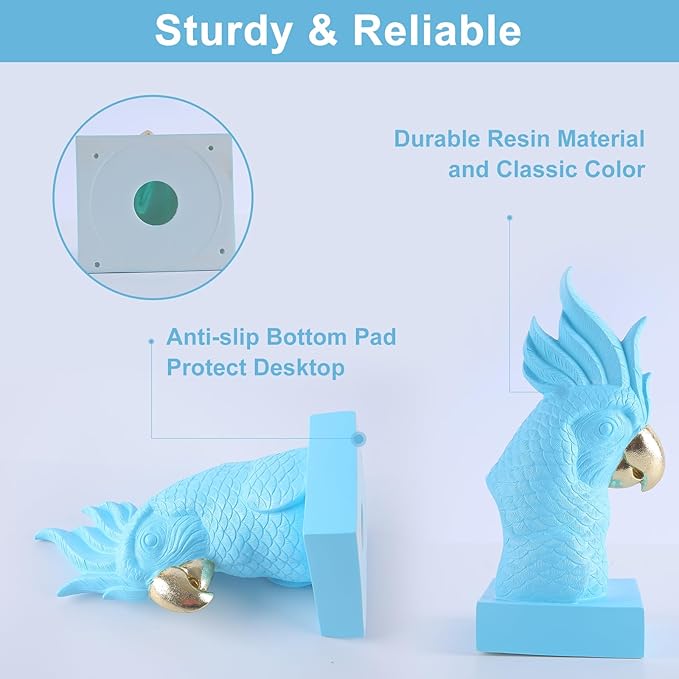 JOOMBE Blue Parrot Decorative Bookends,Set of 2 Cute Bird Animal Sculpture Book Ends to Hold Hevay Duty Books,Unique Resin Statues Book Stopper for Home Office Desk Bookshelf Decor