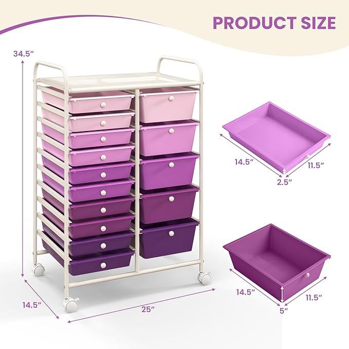 DORTALA 15-Drawer Rolling Storage Cart with Drawers, Rolling Utility Cart w/Removable Drawers & Universal Wheels, Tools Scrapbook Paper Organizer for School, Office, Home, Classroom (Gradient Purple)