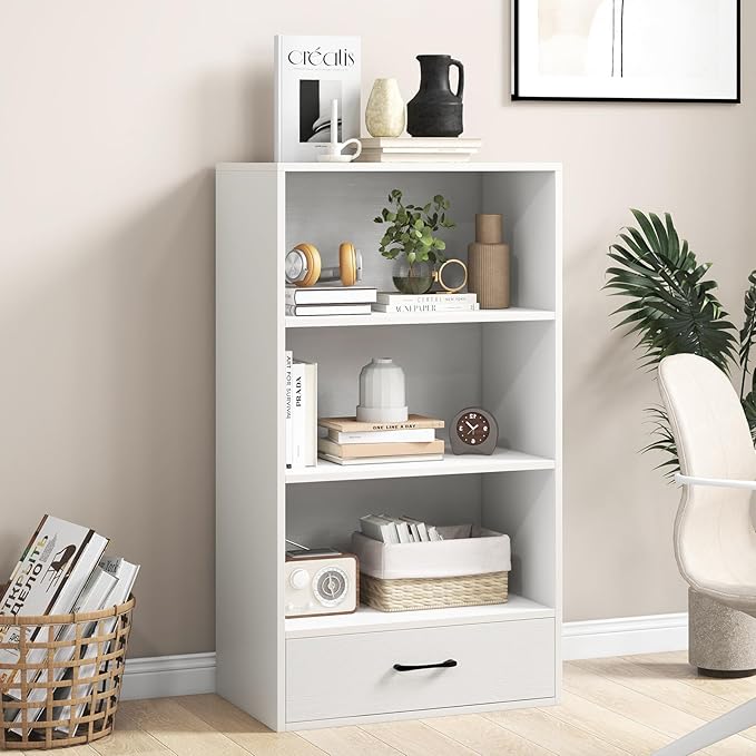 LOKO 4-Tier Bookcase with Storage Drawer, Modern Organizer Display Storage Shelves with Anti-toppling Device, Freestanding Bookshelf with 3 Open Shelves & 1 Drawer, Living Room, Study, Office (White)