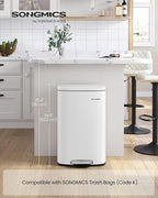 SONGMICS 13 Gallon (50 L) Trash Can, Stainless Steel Kitchen Garbage Can, Recycling or Waste Bin, Soft Close, Step-On Pedal, Removable Inner Bucket, White ULTB050W01