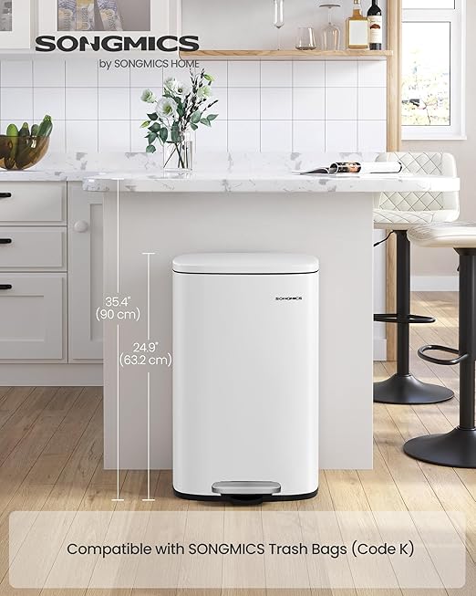 SONGMICS 13 Gallon (50 L) Trash Can, Stainless Steel Kitchen Garbage Can, Recycling or Waste Bin, Soft Close, Step-On Pedal, Removable Inner Bucket, White ULTB050W01