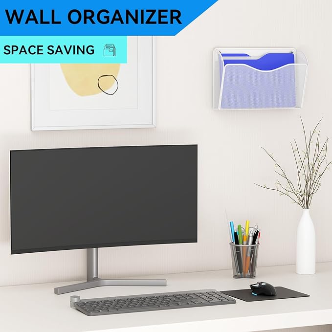 GDINDINFAN 3 Single Pocket Wall File Holder, Mesh Hanging File Folder Paper Organizer, Vertical Wall Mounted Mail Basket, Storage Organization Magazine Rack for Office, Home and School, White