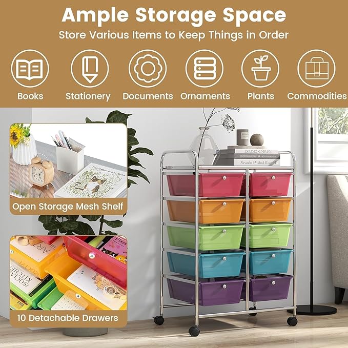 LDAILY 10 Drawer Rolling Cart, Storage Cart Organizer on Wheels, Drawer Cart with Metal Frame & Large Storage Capacity, Rolling Cart with Drawers for Living Room Classroom, Office