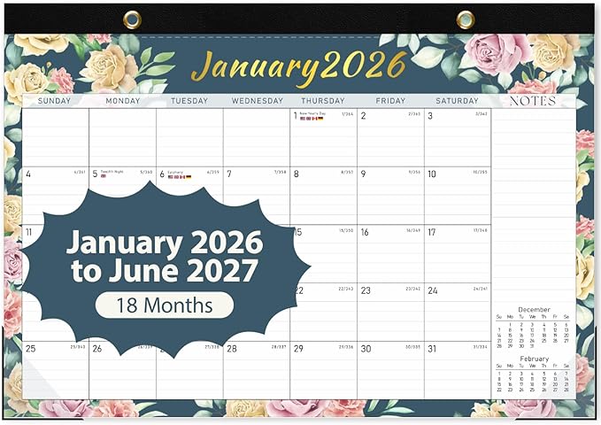 Desk Calendar 2026, Monthly Desktop Large Calendar (Jan 2026 - Jun 2027) 17" x 12" Desk Wall Planner for Family Teacher School Office Supplies, Vintage Floral