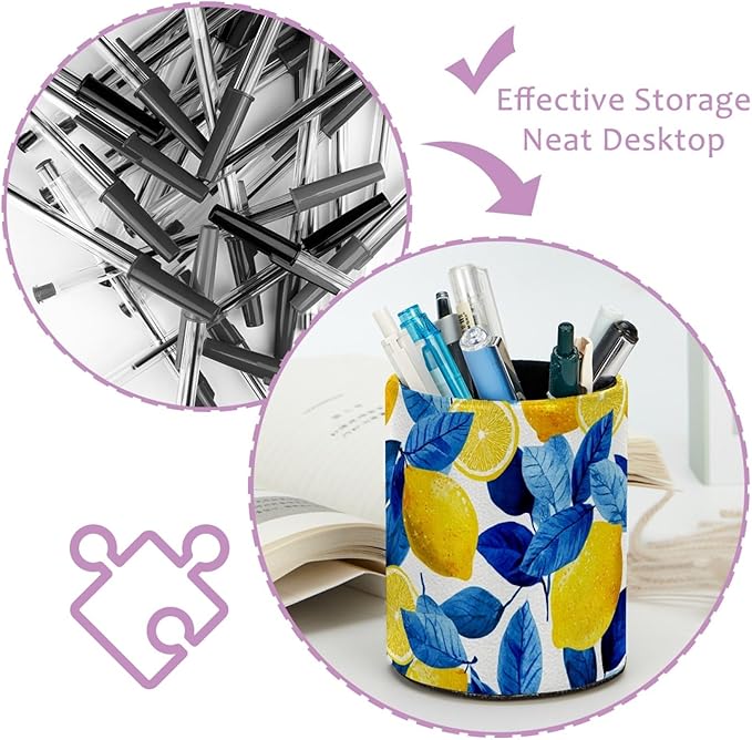 Leather Pen Holder for Desk Lemons Blue Leaves Pattern Pencil Cup Desktop Organizer Makeup Brush Holders Office Supplies for Home, Kids & School
