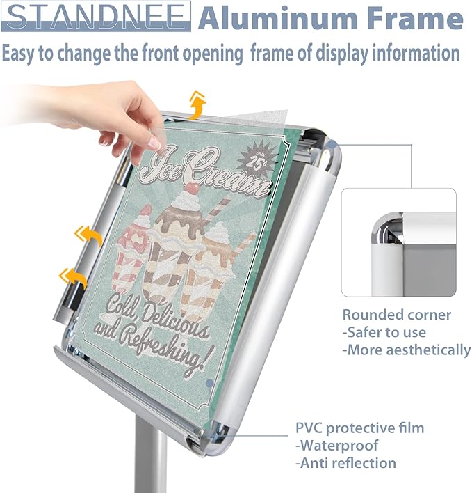 Sign Holder Stand, Heavy-Duty 8.5x11 Inch Aluminum Floor Stand for Posters & Signs with PVC Sleeve & Weighted Base | Silver
