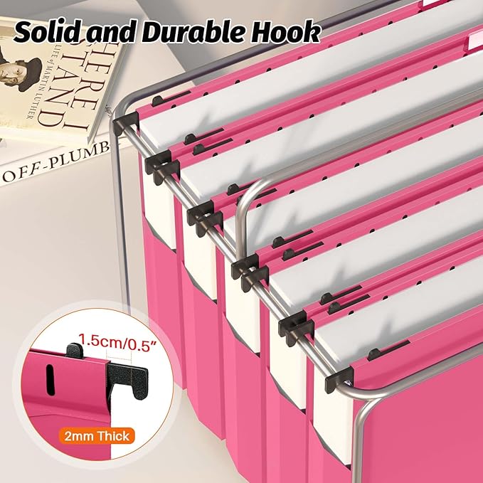 Shutex Extra Capacity Plastic Hanging File Folders,12 Pack Reinforced Expanding Hang Folder Letter Size,Accordian Pocket,Heavy Duty 2 Inch Expansion, Hard Hanging Folder Organizer for Office Home,Pink