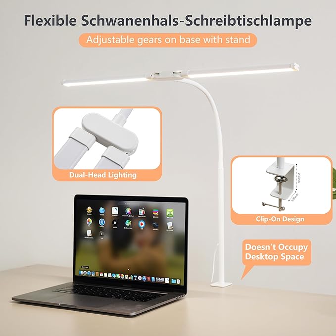 FAPEMIH Dual-Head LED Desk Lamp for Office Home, Adjustable Flexible Eye-Caring Desk Light, 5 Modes 10 Brightness Adjustment, USB Adapter Desk Lamp with Clamp-ST-W