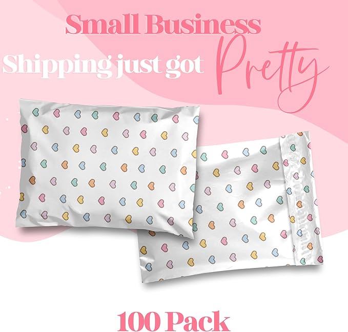 Pretty Package Store 6x9 Designer Poly Mailer 100 Pack Heavy Duty Waterproof Self Seal Shipping Bags for Small Business Large Mailing Envelopes Bulk Tear Resistant Packaging Preppy Hearts