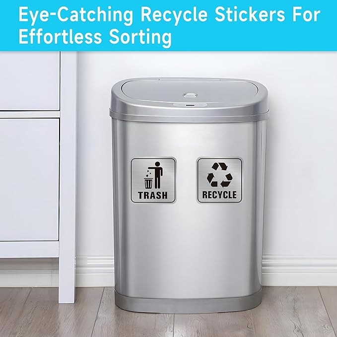 2PCS Recycle Stickers for Trash Bins, Self-Adhesive Waterproof Brushed Silver Trash and Recycling Stickers for Trash Can, Kitchen, Office, Garbage Bin Indoor, Outdoor Use