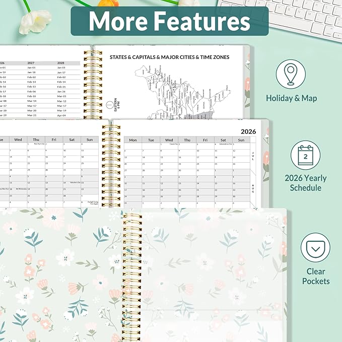 SUNEE 2026 Appointment Book, Quarter-Hourly, Weekly & Monthly - from January 2026 - December 2026, 6.4"x8.3" Weekly Planner, Flexible Cover, Note Pages, Pockets, Bookmark, Green Wildflowers