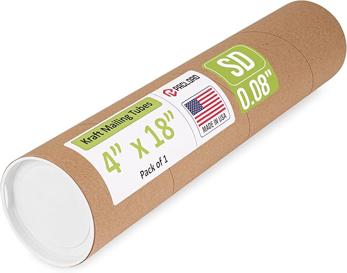 Paclord 4" x 18" Reinforced Kraft Paper Mailing Tube, Pack of 1 Tube with 2 Caps – Secure USPS Approved Poster Tube – Cardboard Tube for Shipping and Storing of Posters, Prints, Artwork, or Documents