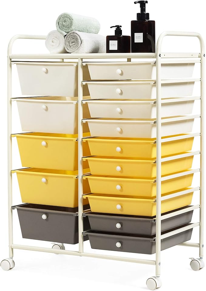 DORTALA 15-Drawer Rolling Storage Cart with Drawers, Rolling Utility Cart w/Removable Drawers & Universal Wheels, Tools Scrapbook Paper Organizer for School, Office, Home, Classroom (Yellow)