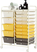 DORTALA 15-Drawer Rolling Storage Cart with Drawers, Rolling Utility Cart w/Removable Drawers & Universal Wheels, Tools Scrapbook Paper Organizer for School, Office, Home, Classroom (Yellow)