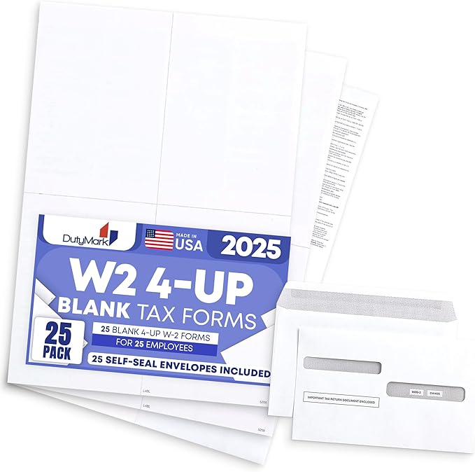 W2 Forms 2025 with Envelopes, Blank W2 4 Up Tax Forms 2025, 25 Employees kit, with Instructions in Back, Compatible with QuickBooks and Accounting Software, Idea for E-Filing, 25 Self Seal Envelopes,