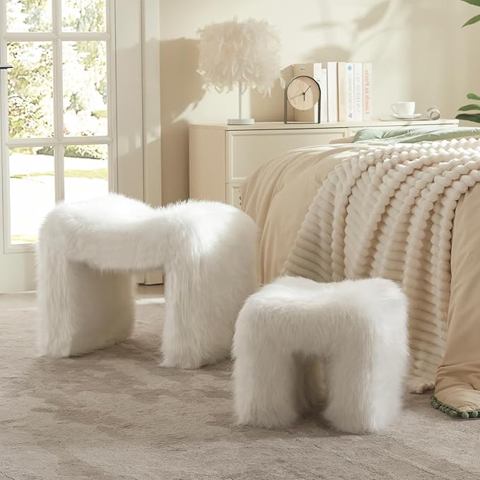ZYKZYK Small Ottoman Set of 2 Vanity Stool Chair with Modern Ottoman Foot Rest M-Shaped Design for Bedroom Entryway Makeup Vanity Entryway (2-in-1) White
