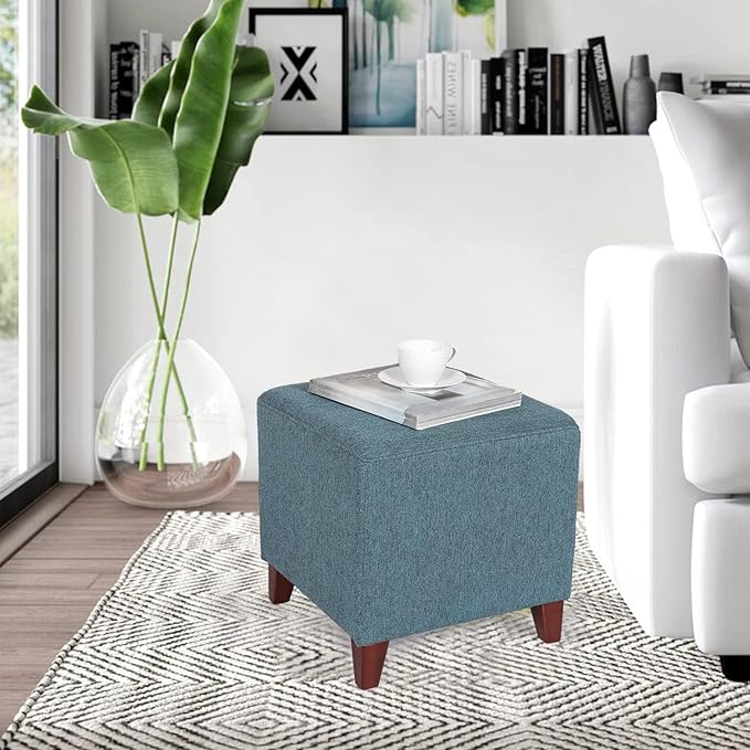 Edeco Square Footrest Ottoman Stool Seat with Linen Fabric and Non-Skid Wooden Legs, Blue