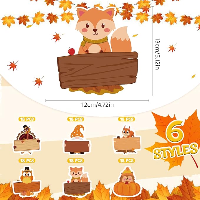 Henoyso 108 Pcs Fall Thanksgiving Themed Name Tags Labels Autumn Classroom Decorations Self Adhesive Baked Food Labels 5.12 x 4.72 Inches Turkey Pumpkin Desk Name Plate Autumn Party Favor