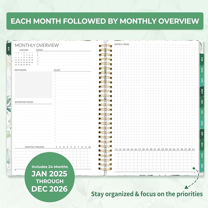 SUNEE 2026-2027 Planner - 24 Months (Jan 2026 - Dec 2027) - 7"x10" Monthly Spreads & Yearly Planner, Greenery