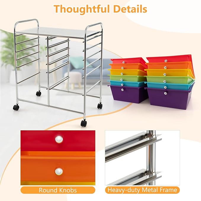 HAPPYGRILL 12-Drawer Rolling Storage Cart, Multipurpose Organizer Cart for Home Office School, Utility Cart with Wheels, (Colorful)