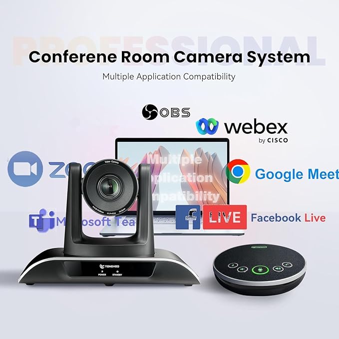 TONGVEO 10x Zoom Conference Room Video Camera System, All-in-One HD 1080P 60fps 10X Optical Zoom USB3.0 HDMI PTZ Camera and Bluetooth Conference Speaker with Microphones Bundle for Medium Room