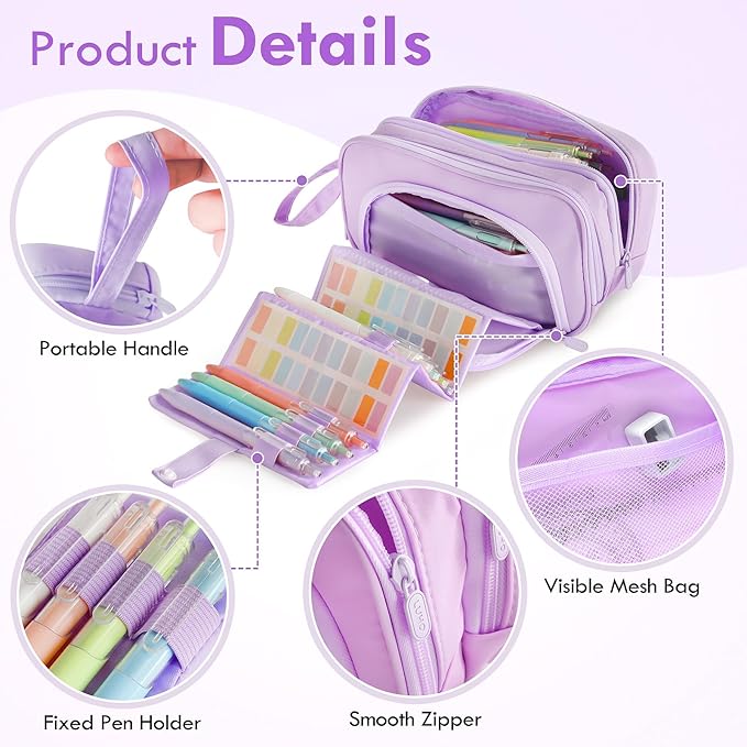 SANANT Large Capacity Pencil Case with Pull-out Structure - Multifunctional Extra Big Pencil Pouch Pen bag, Portable Stationery Organizer with Zipper, Office School Supplies for Boys Girls, Purple