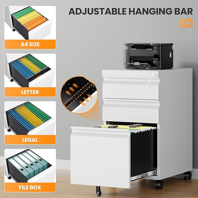 AFAIF 3 Drawer Mobile File Cabinet with Lock, Rolling File Cabinets for Home Office, Under Desk Small File Caninet on wheels, Metal Vertical White Filing Cabnet for Legal/Letter/A4 - Assembly Required