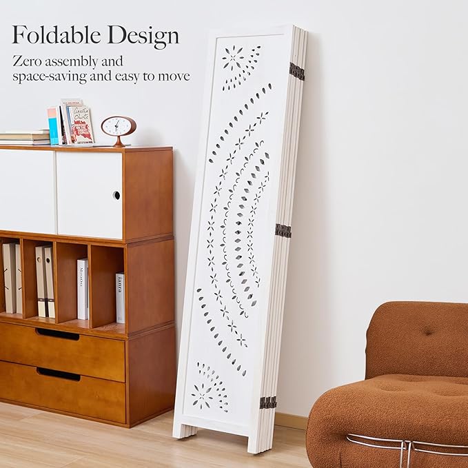 66.9Inch Folding Room Divider, 6 Panels Wood Carved Privacy Screens, Free Assembled Freestanding Partition for Home Office Restaurant Bedroom (White-Washed)