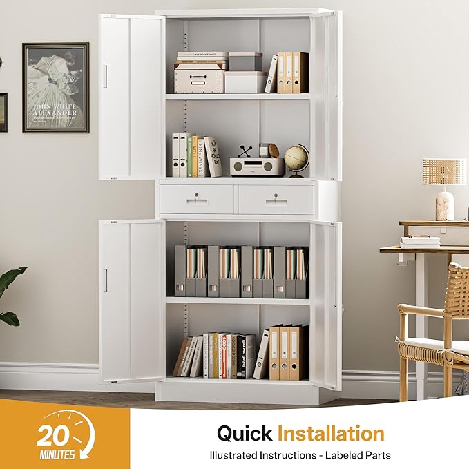 TaskStorz Metal Storage Cabinet with 2 Drawers 71" H,White Metal Garage Cabinets with 2 Lockable Doors and Adjustable Shelves Easy to Assemble for Home Office, Kitchen,Pantry,Garage,Warehouse