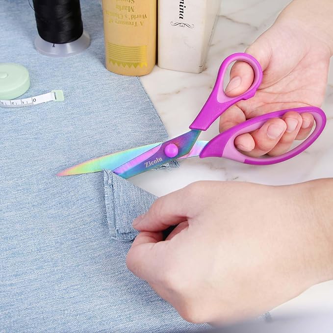 Zicolu 8.5" Scissors All Purpose, Multipurpose Office Scissors Set of 3 Pack, Titanium Coating Sharp Blade, Soft Comfort-Grip, Ideal for Fabric, School, Home, Craft & Sewing, Right/Left Handed, Purple