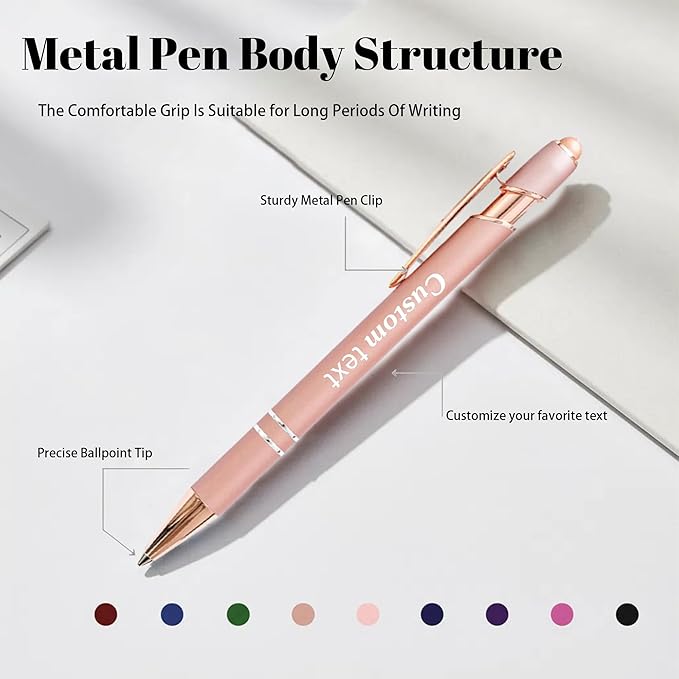 CRME Custom Pens Personalized Pen with Name Logo Engraved Metallic Customized Pen Light Pink Barrel Black Ink Click Pens Stylus Pens for Touch Screens Ideal for School Teachers Team Events