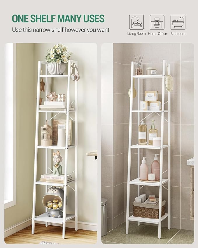 Hzuaneri Ladder Shelf, Bookshelf Bookcase, Freestanding Corner Storage Shelve with 2 Hooks for Home Office, Living Room, Kitchen, Bedroom, Industrial, 5-Tier White BC03213W