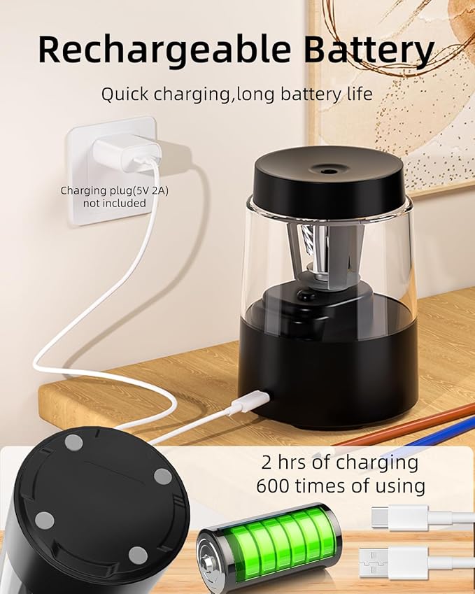 ZMOL Electric Pencil Sharpener, Automatic Pencil Sharpeners Kids, Battery Rechargeable Pencil Sharpeners for Colored Pencils, Auto Stop, Suitable for No.2(6-8mm), School/Home