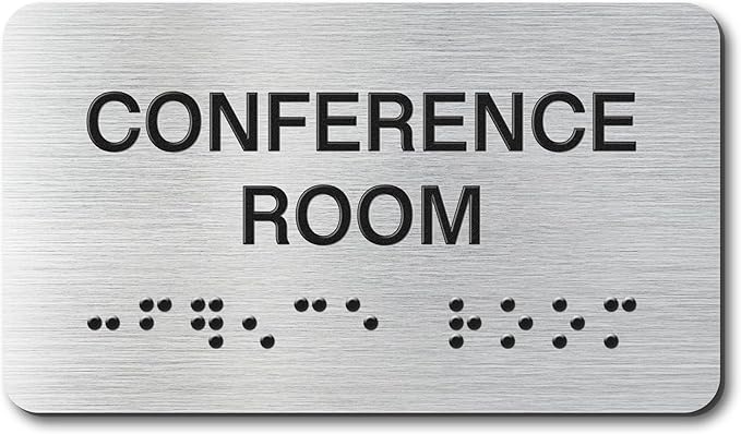 Conference Room Signs with Raised Text & Grade 2 Braille, Brushed Aluminum/Silver Finish Easy Install with Double-Sided Tape, ADA Compliant Conference Room Office Door Sign