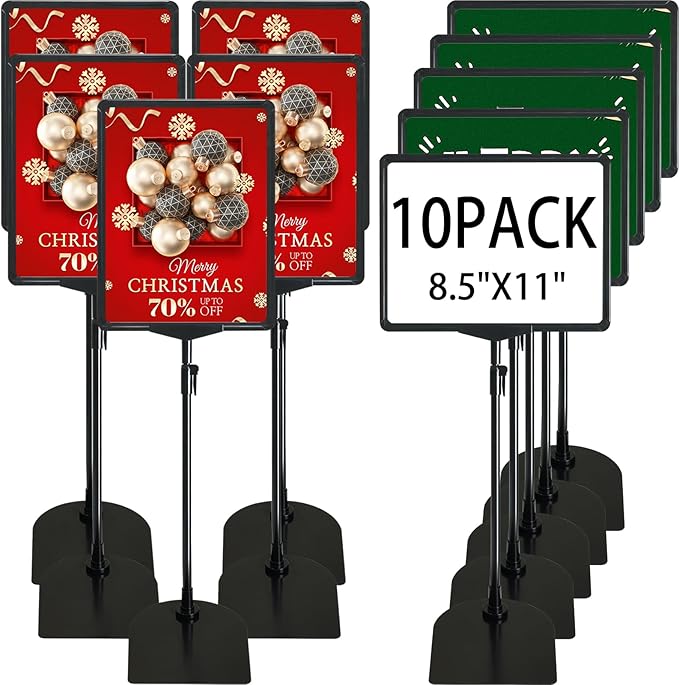 ONCEMORE Sign Holder, 8.5 x 11 Inch Sign Stand with Adjustable Height Snap Open, Reusable Sign Stands for Display Advertising Business Signage, Vertical and Horizontal Two View Modes (Black, 10 Pack)