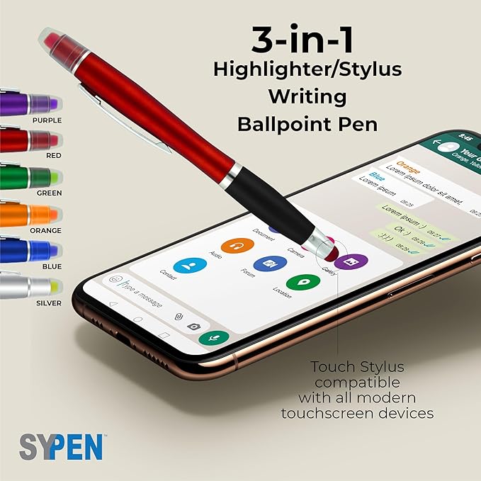 Personalized Pens with Gel Highlighter and Stylus -200 Pack Bulk-Free Imprint - 3 In Bible Highlighter No Bleed, Ballpoint Pen, and Stylus Combo- add Custom Name, Logo or Gift Message- Blue