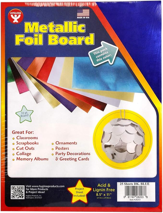 Hygloss Metallic Cardstock Sheets – 25 Shiny Dark Blue Sheets, 8.5” x 11” - Sturdy 10 pt. – Metallic Foil Board Paper for Crafts, Scrapbooking, Posters & Decorations
