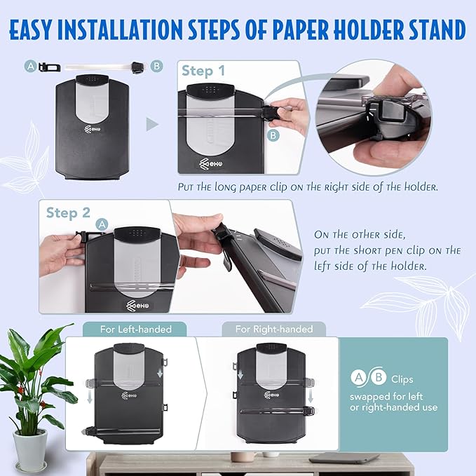EHO Adjustable Document Holder Bottom with 5mm Shelf Lip, Portable Paper Stand for Reading, Typing, with Clip, Line Guide, Easel Back, for Office, Desktop, Recipes, Music Sheets, paper and more, Black