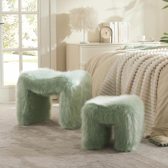 ZYKZYK Small Ottoman Set of 2 Vanity Stool Chair with Modern Ottoman Foot Rest M-Shaped Design for Bedroom Entryway Makeup Vanity Entryway (2-in-1) Green