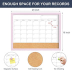 Dry Erase Calendar Cork Board Combo, 18x24 Inches Calendar Whiteboard for Wall, Magnetic White Board with Pink Wood Framed, Dry Erase Board for Planner Office Kitchen Home Memo