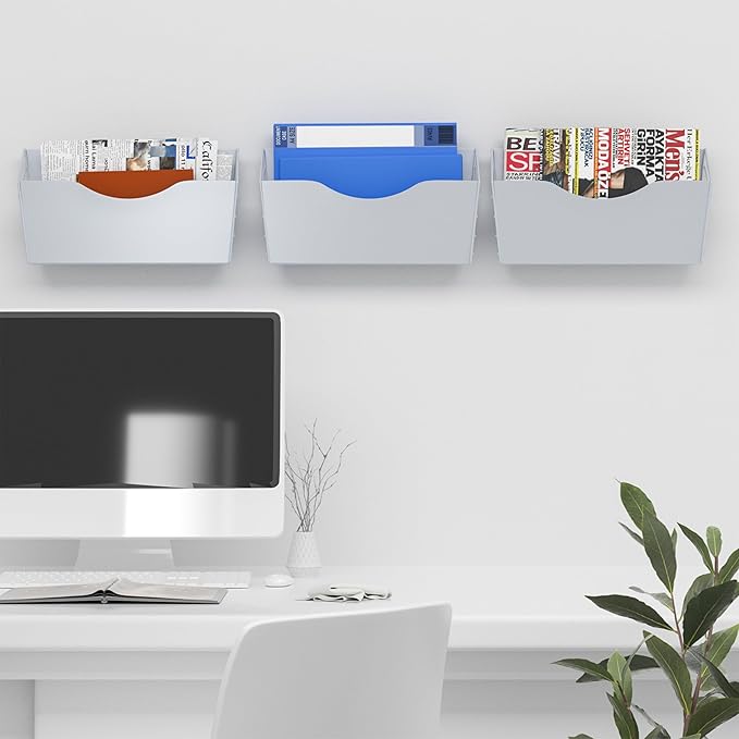 3-Pocket Magnetic File Holder - Wall Mount Mail Organizer for File Cabinets, Refrigerators, Whiteboards (Silver)