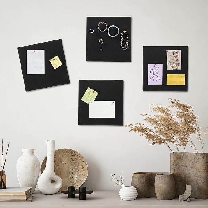 Large Cork Board 28" x 19", 6 Pack Felt Wall Tiles with Colored Pushpins, Bulletin Boards with Removable Self-Adhesive Strips, Pin Board Cork Boards for Walls Office Home-Black