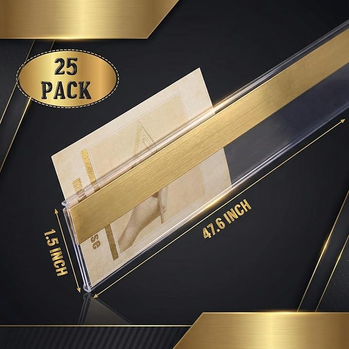 Fainne 25 Pcs Shelf Label Strips 1.5''H x 48 L Self Adhesive Shelf Label Holder Gondola Price Tag Stick on Plastic Clear Ticket Channel for Metal Wood Plastic Rack