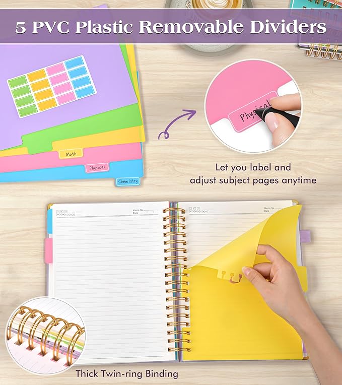 Spiral Notebook Journal with Removable Dividers Tabs, 300 Pages Hardcover Leather 5 Subject College Ruled Notebook, 8"x10" Large B5 Lined Journal for Women Men, Spiral Notebooks for Work School,Purple