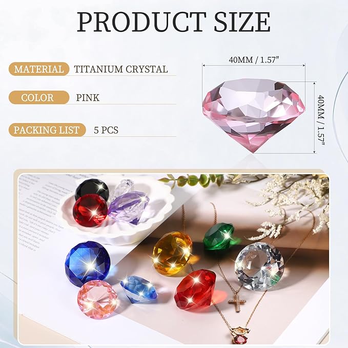 PATIKIL 5 Pcs Diamond Crystal Paperweight, 40mm / 1.57 Inch Crystal Paperweight Paper Weight for Home Office Desktop Table Decor Wedding Party Jewelry Ornaments, Pink